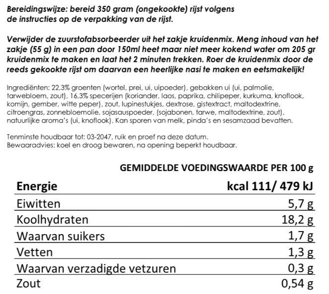 Nasi kruiden & groente mix voor 400 g rijst | gevriesdroogd 25 jaar houdbaar noodrantsoen | NEDERPREP - Afbeelding 2
