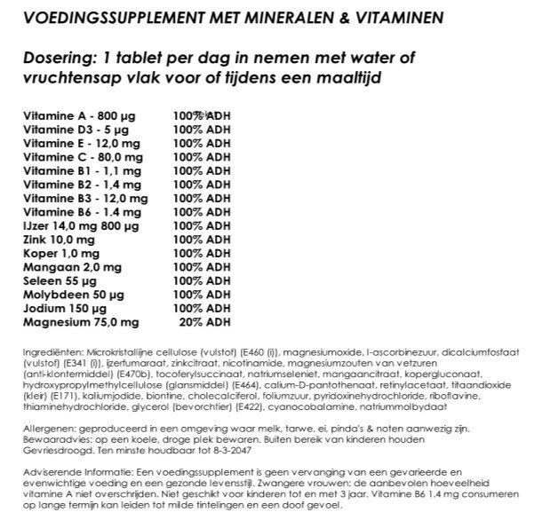 Multivitaminen tabletten 100% ADH voor 7 dagen | gevriesdroogd 25 jaar houdbaar noodrantsoen | NEDERPREP - Afbeelding 2