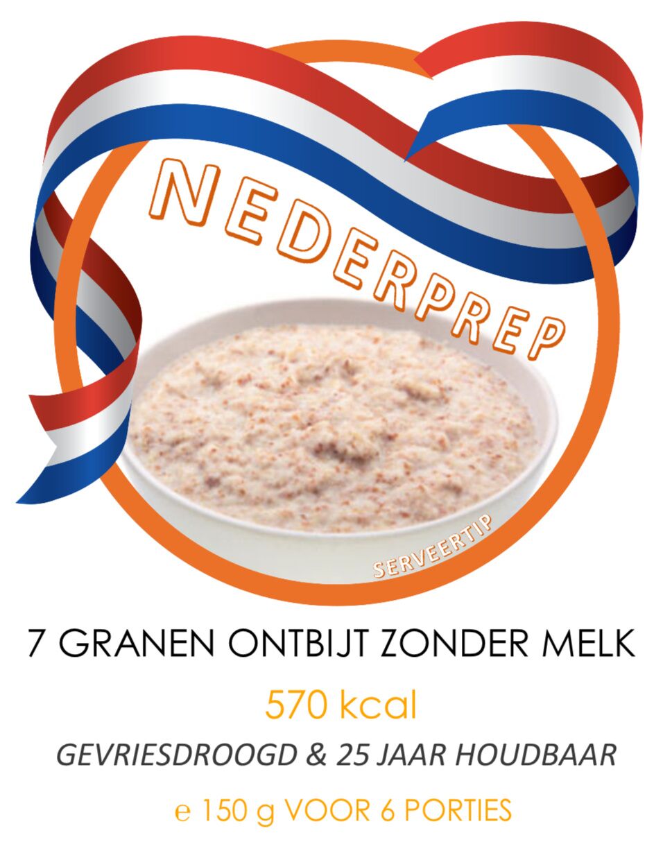 7 granen ontbijt zonder melk | 7 porties | gevriesdroogd 25 jaar houdbaar noodrantsoen | NEDERPREP