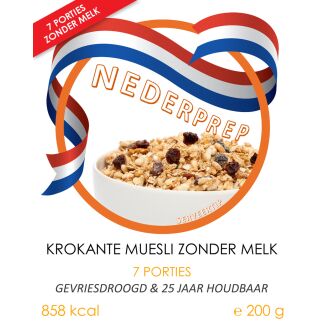 Krokante muesli zonder melk | 7 porties | gevriesdroogd 25 jaar houdbaar noodrantsoen | NEDERPREP