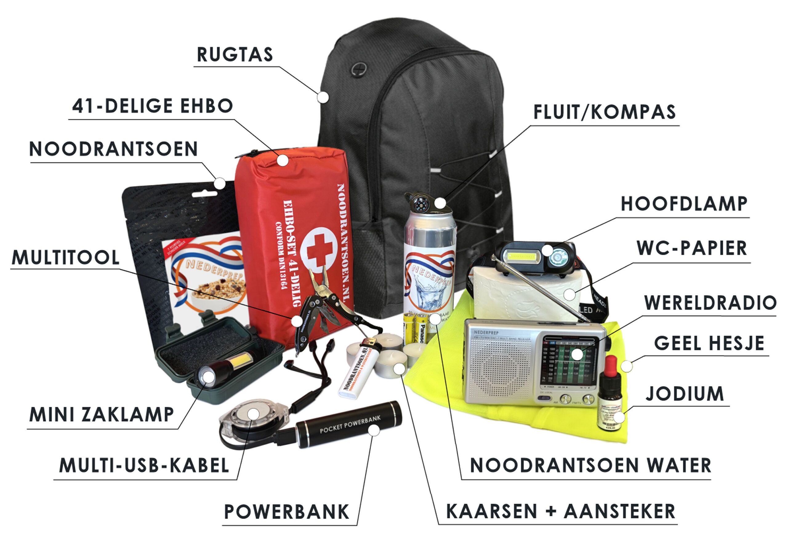 Noodpakket ‘denk vooruit’ met EHBO, radio, zaklamp, noodrantsoen, fluitje, powerbank, overlevingspakket oorlog & stroomuitval, survivalset - Afbeelding 3