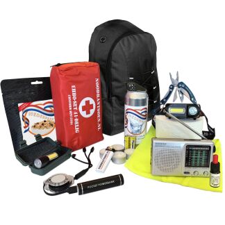 Noodpakket 'denk vooruit' met EHBO, radio, zaklamp, noodrantsoen, fluitje, powerbank, overlevingspakket oorlog & stroomuitval, survivalset