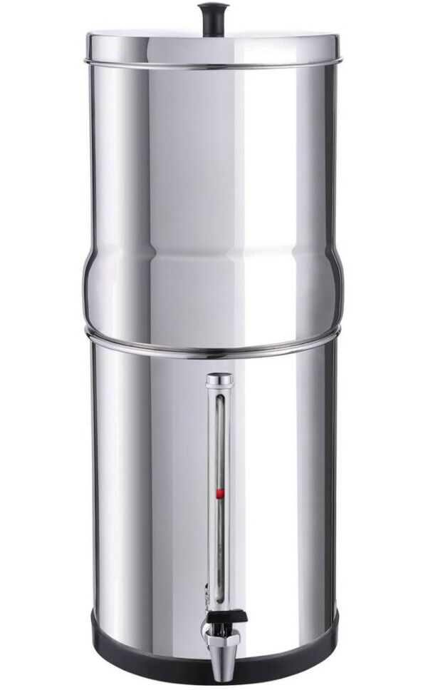 Beste RVS waterfilter met kijkglaasje, keramisch, 10L reservoir, werkt zonder stroom filtert ook PFAS en micro-plastics