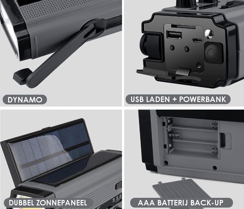 #1 noodradio met dynamo + 2 zonnepanelen + 2 lampen + mega accu + FM/AM - Afbeelding 2