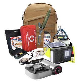 Luxe noodpakket met kookstel, waterfilter, wereldradio, noodrantsoen, EHBO, zaklamp, Survival-kit, nood-gereedschap en veel meer