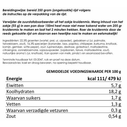 Nasi kruiden & groente mix voor 400 g rijst | gevriesdroogd 25 jaar houdbaar noodrantsoen | NEDERPREP - Afbeelding 2