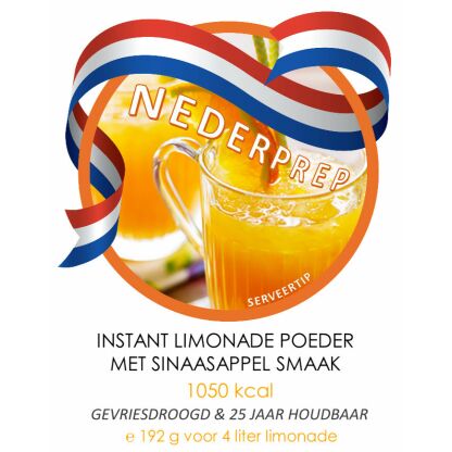 Actie: sinaasappel limonade instant poeder voor 20 glazen (4 liter) | gevriesdroogd 25 jaar houdbaar noodrantsoen | NEDERPREP