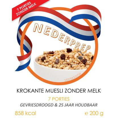 Krokante muesli zonder melk | 7 porties | gevriesdroogd 25 jaar houdbaar noodrantsoen | NEDERPREP