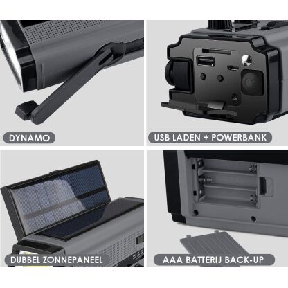 #1 noodradio met dynamo + 2 zonnepanelen + 2 lampen + mega accu + FM/AM - Afbeelding 2