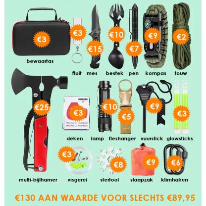 Tip: luxe survivaltool kit met bijlhamer, mes, bestek, kompas, fluit, ruithamer, visgerei, slaapzak, zaklamp en meer - Afbeelding 2