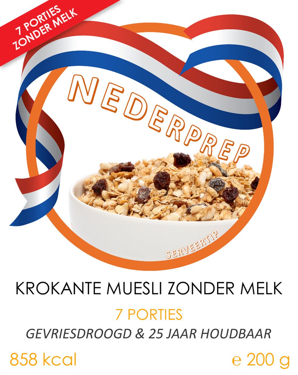 Krokante muesli zonder melk | 7 porties | gevriesdroogd 25 jaar houdbaar noodrantsoen | NEDERPREP