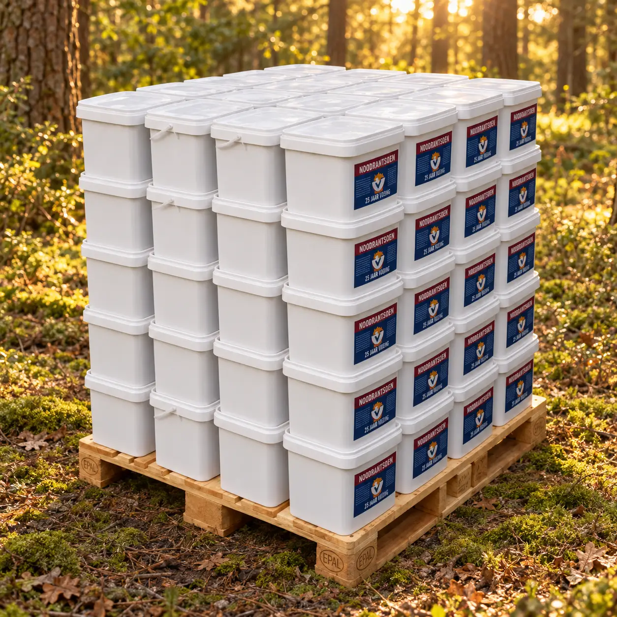 Pallet met 3-daagse noodrantsoenboxen