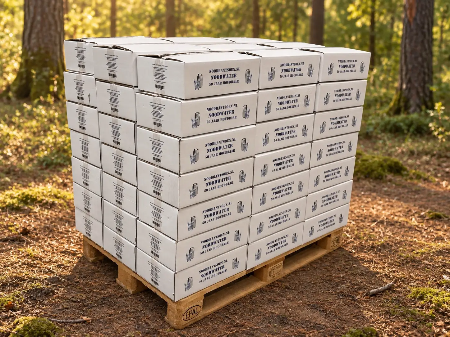 Pallet met dozen noodwater voor zakelijke bestellingen