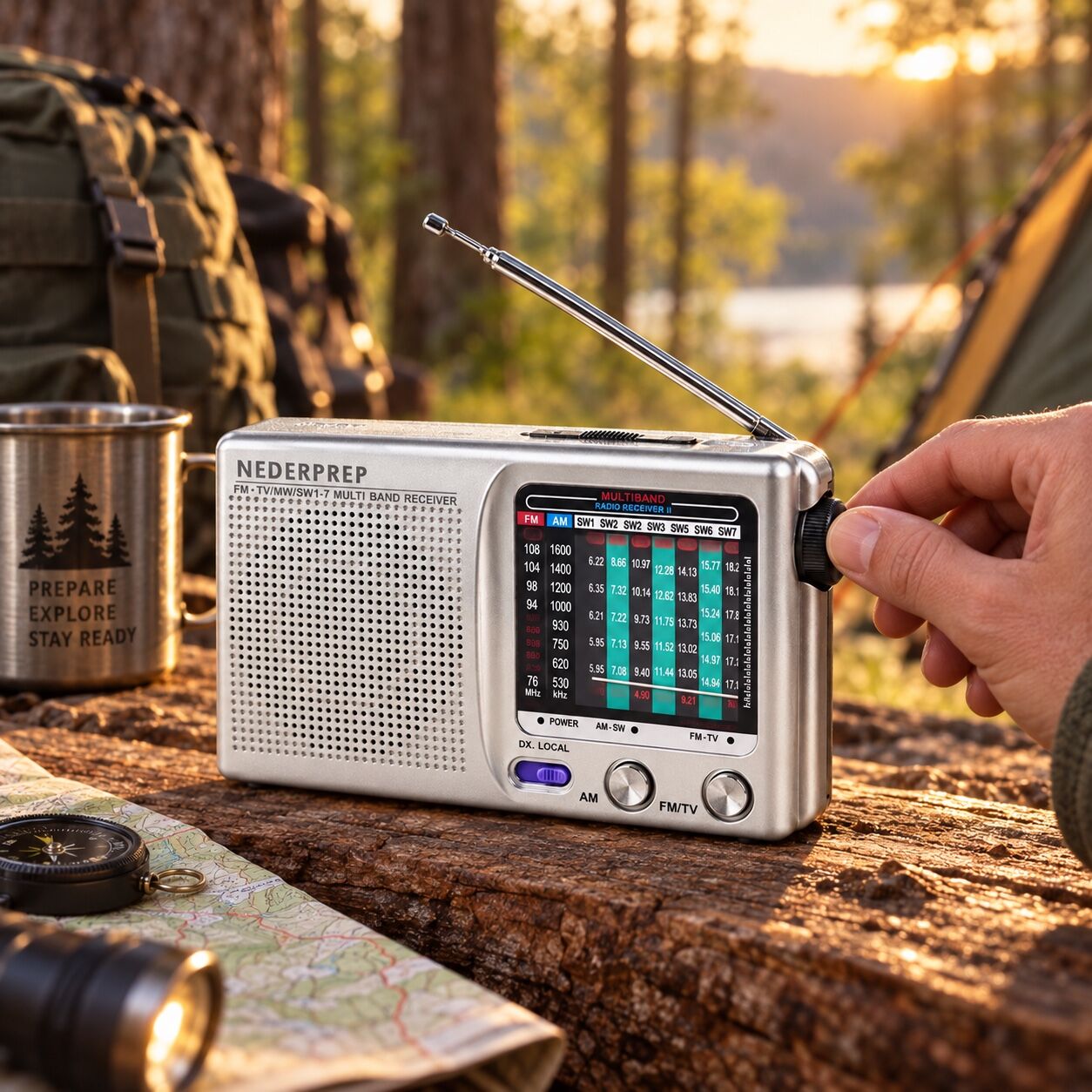 Kleine radio wordt afgestemd op een kampeerplek in het bos
