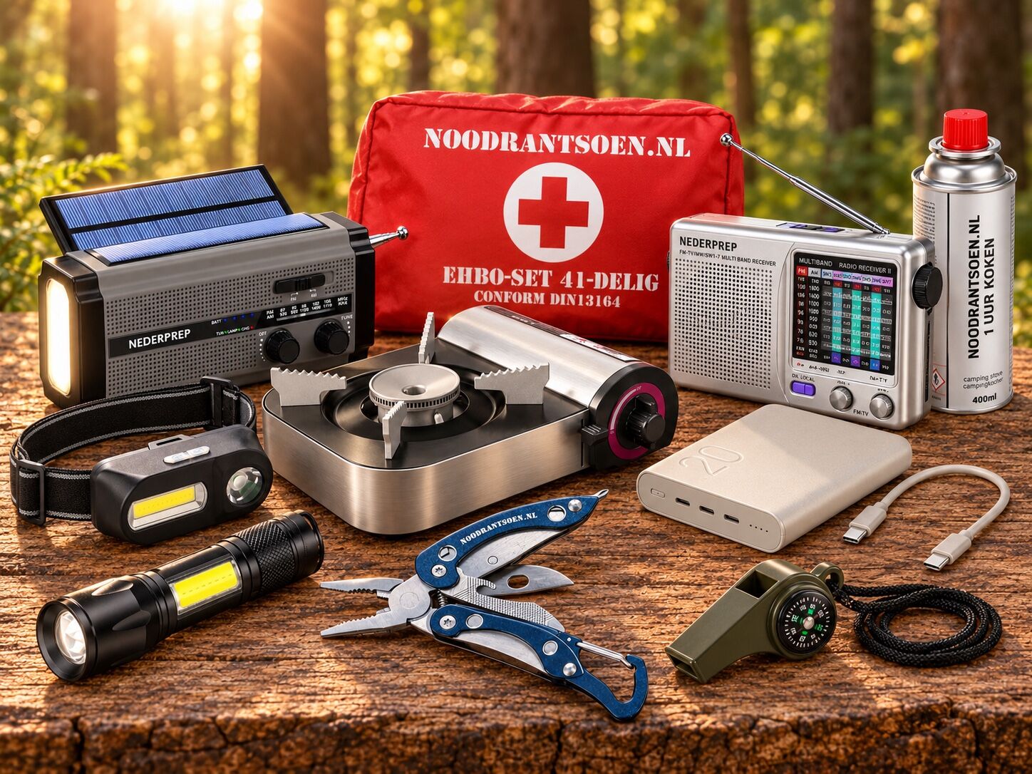 Losse noodspullen met radio’s, EHBO-set, kookstel, verlichting, powerbank en gereedschap