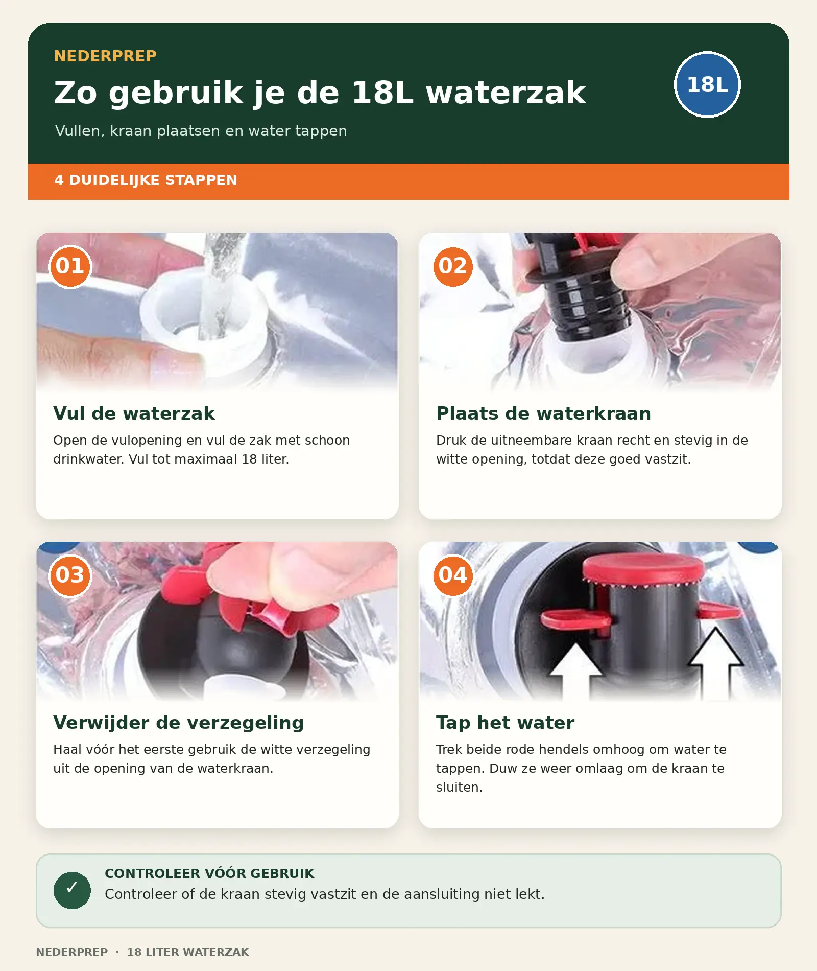 Gebruiksaanwijzing: vul de waterzak, plaats de kraan, verwijder de verzegeling en tap het water. Controleer vóór gebruik of de kraan vastzit en niet lekt.