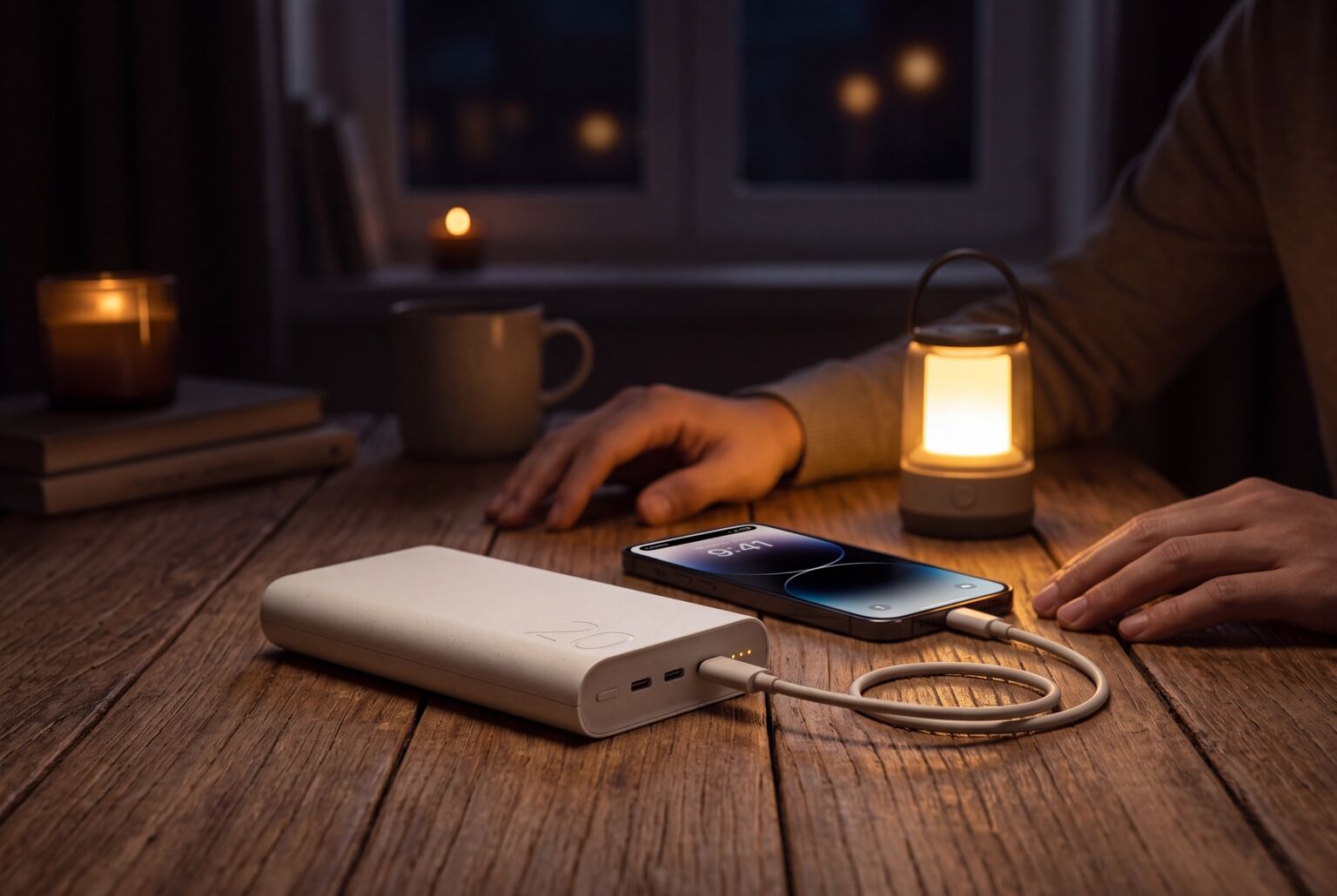 Telefoon aangesloten op een Samsung powerbank aan tafel
